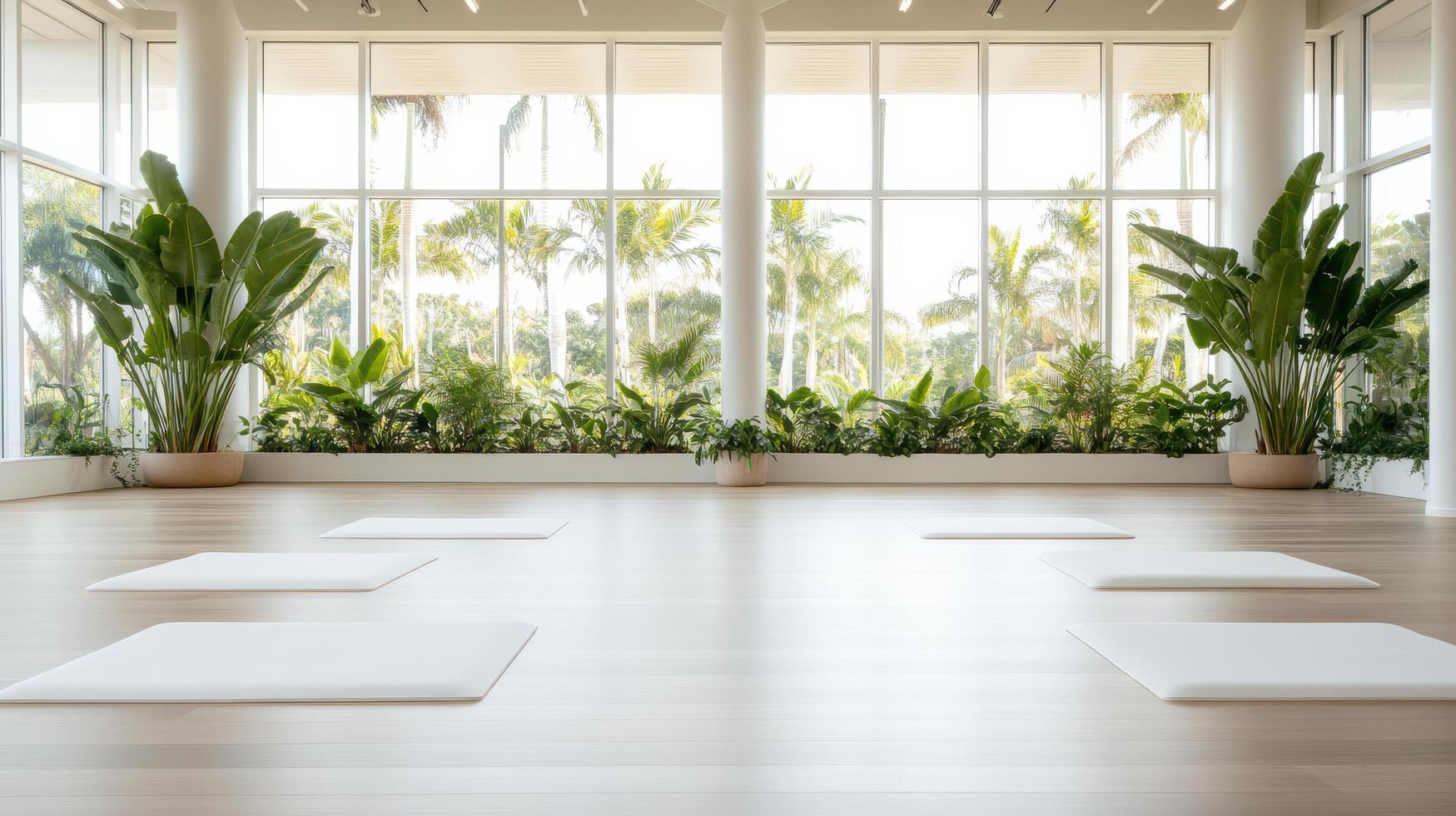 Bright yoga studio with mats and tropical plants, creating serene atmosphere photo