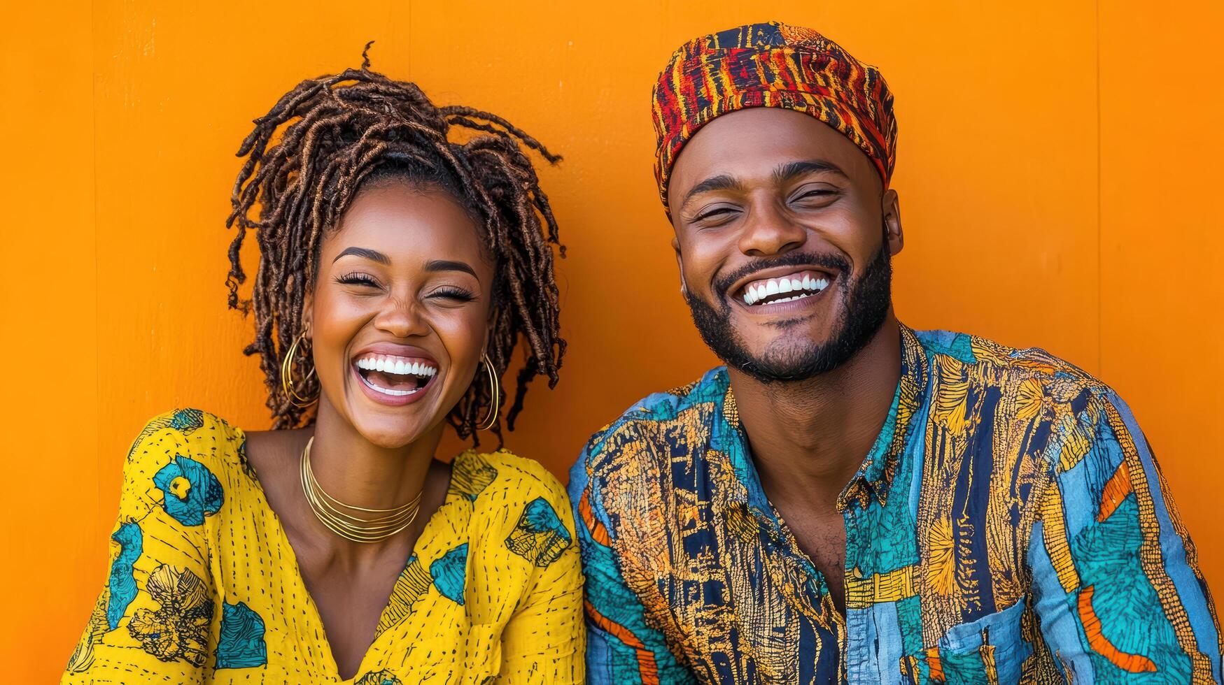 Joyful couple laughing together against vibrant orange background photo