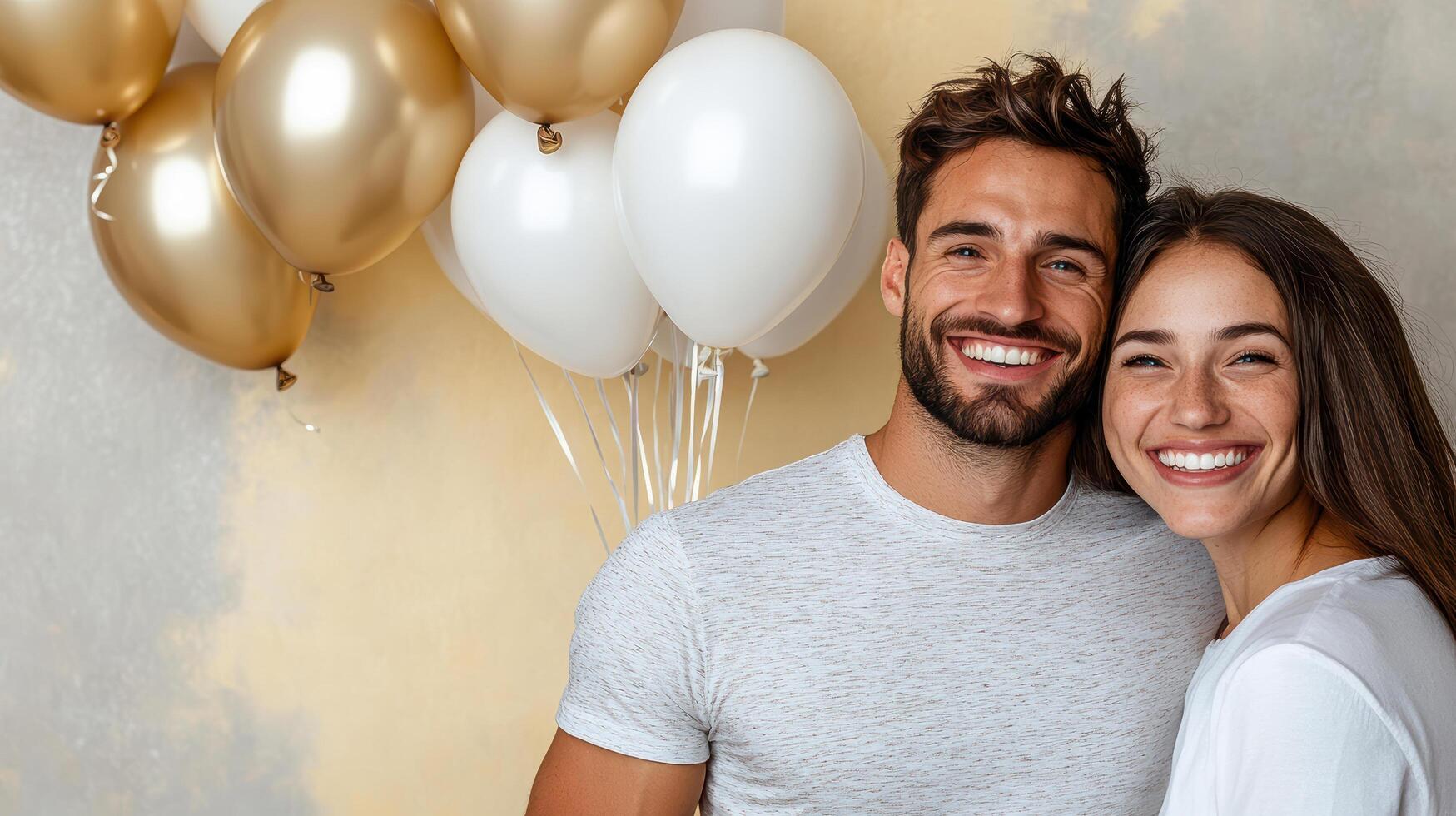 Playful couple smiling with balloons on pastel background, celebrating joyfully photo