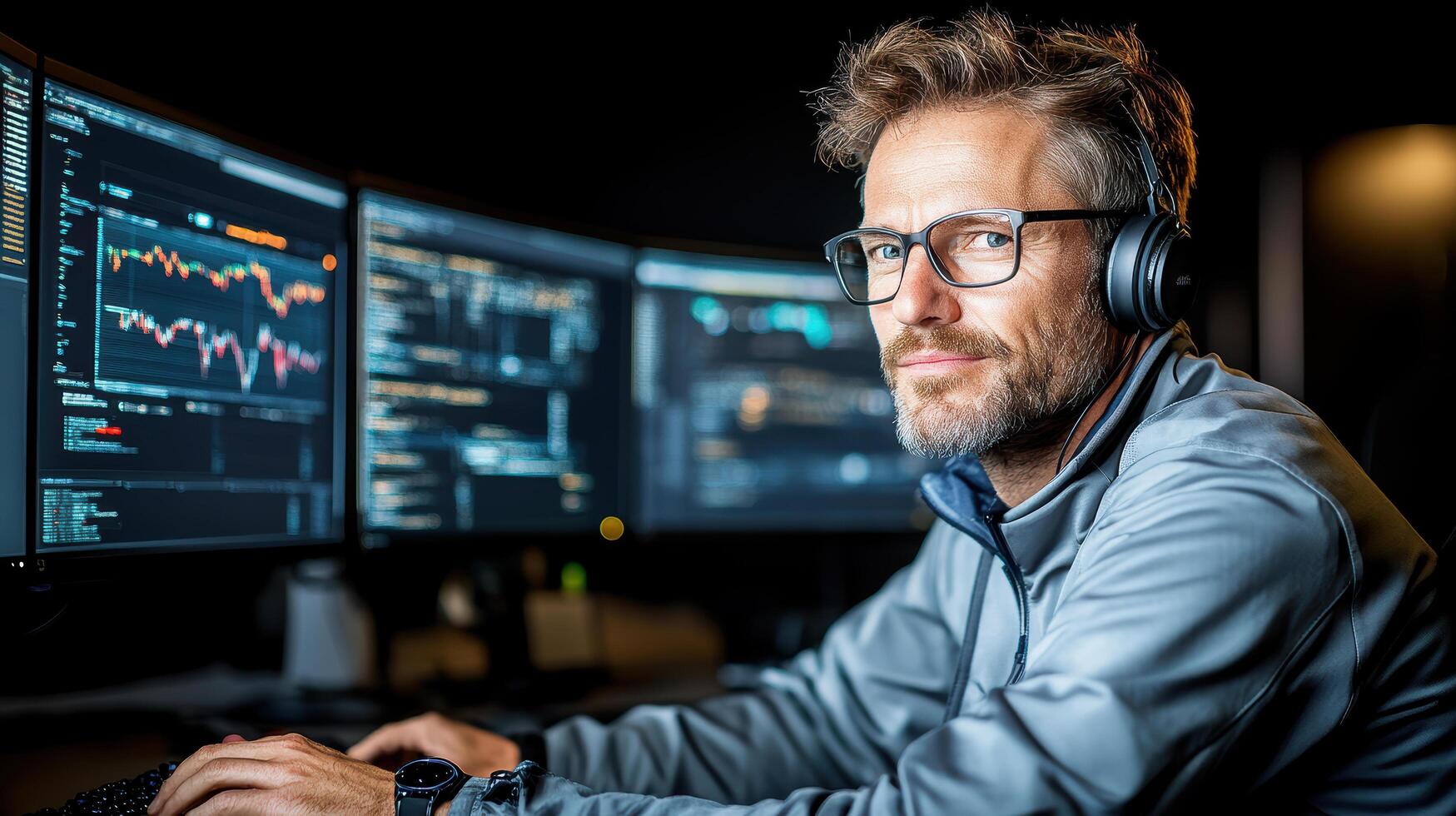 cybersecurity expert analyzing data on multiple screens in dark room photo