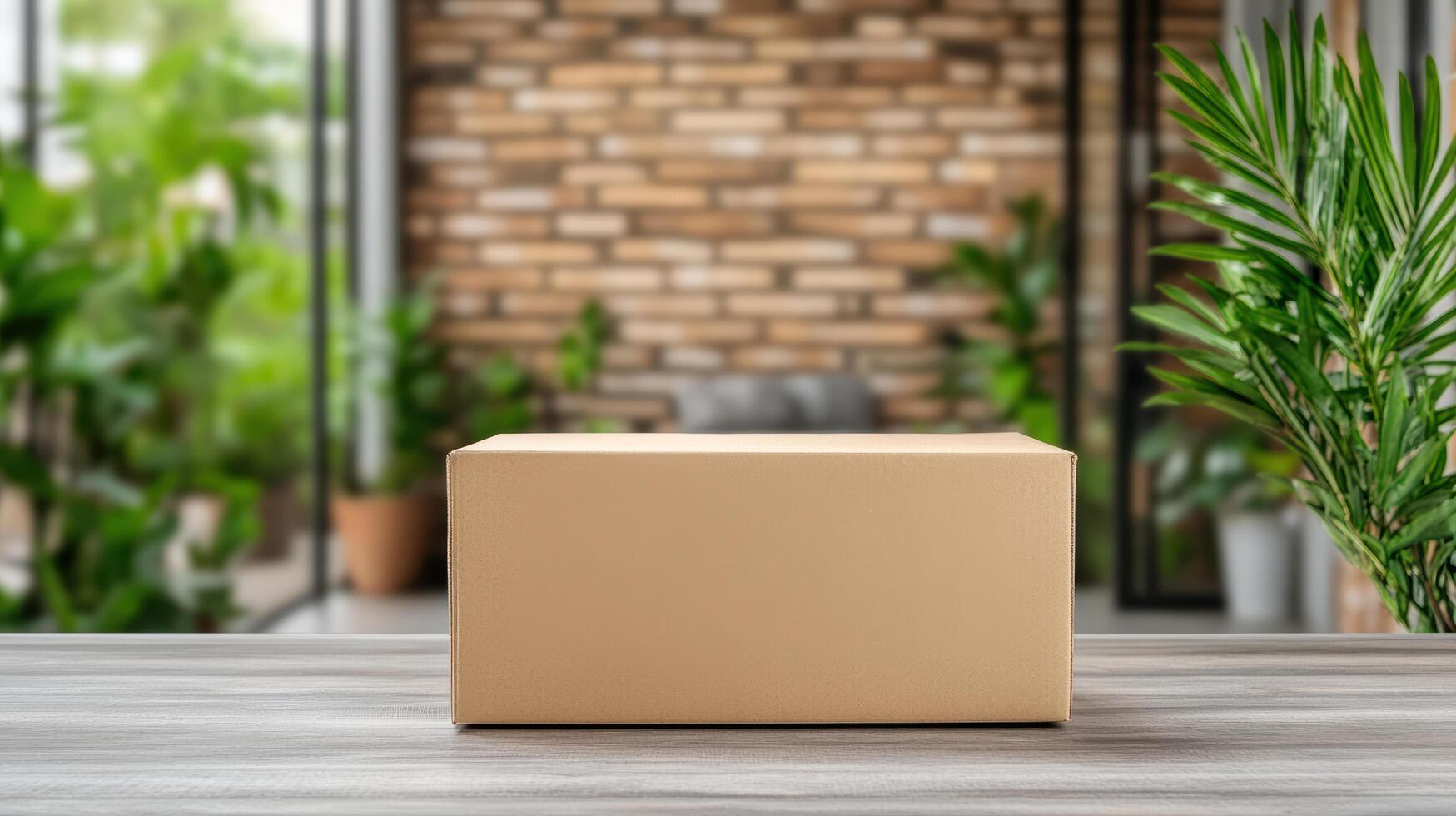 delivery box on table in modern indoor setting with plants photo