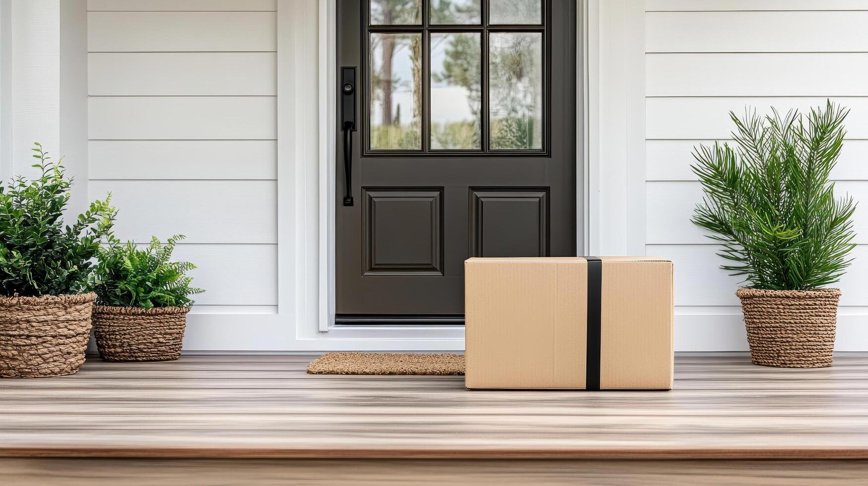 delivery box carefully placed on porch, surrounded by greenery photo