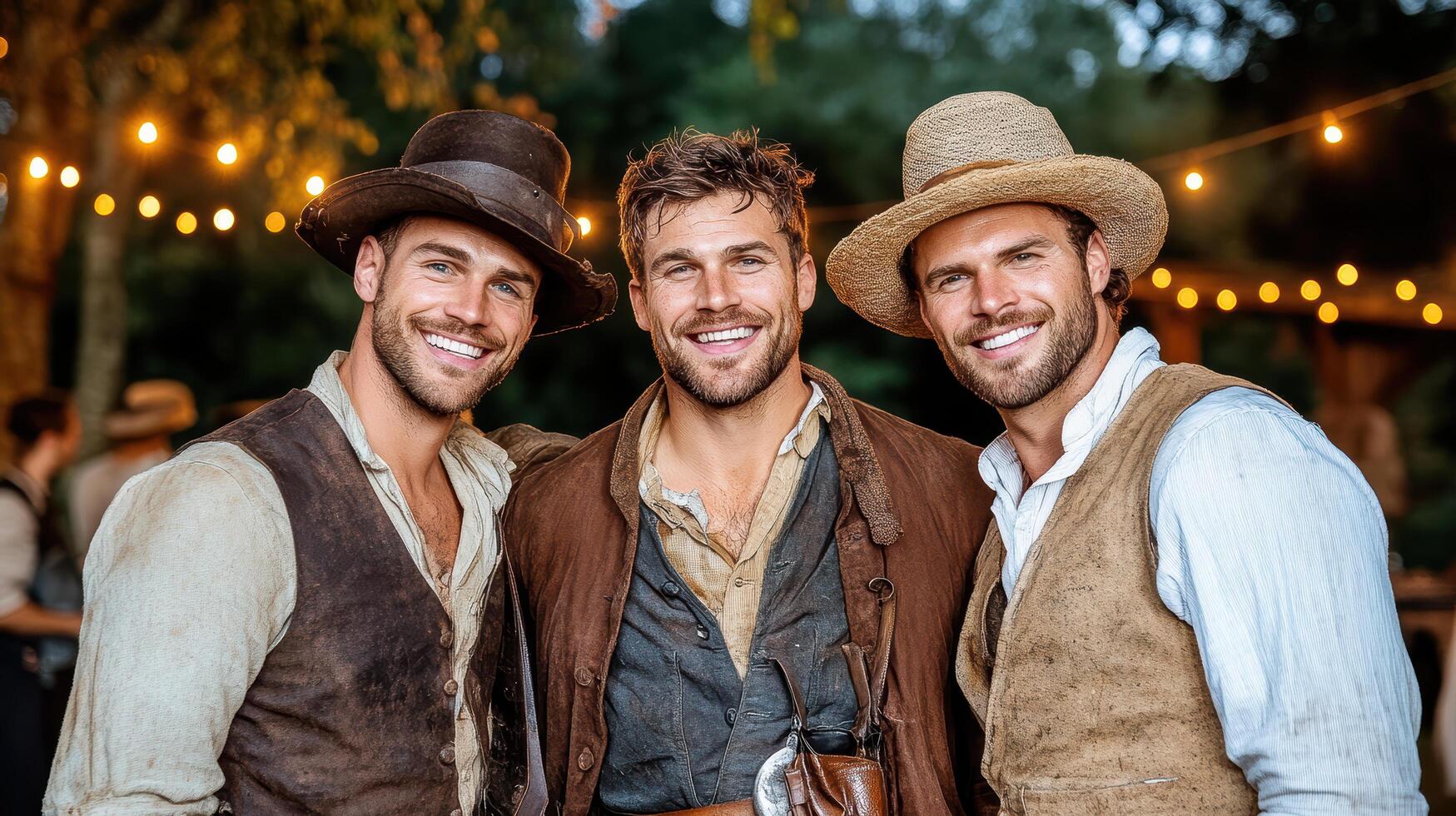 Historical reenactors smiling at outdoor event with string lights photo