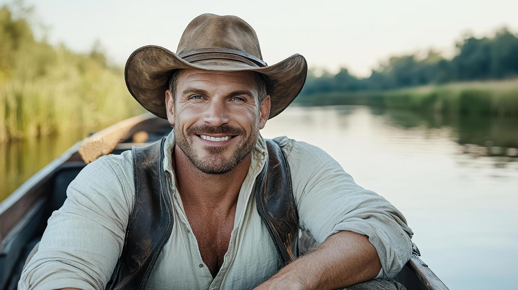 smiling man in cowboy hat on boat, surrounded by nature photo