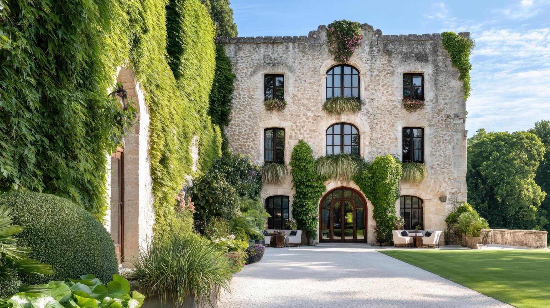 stunning medieval castle with lush greenery and beautiful landscaping photo