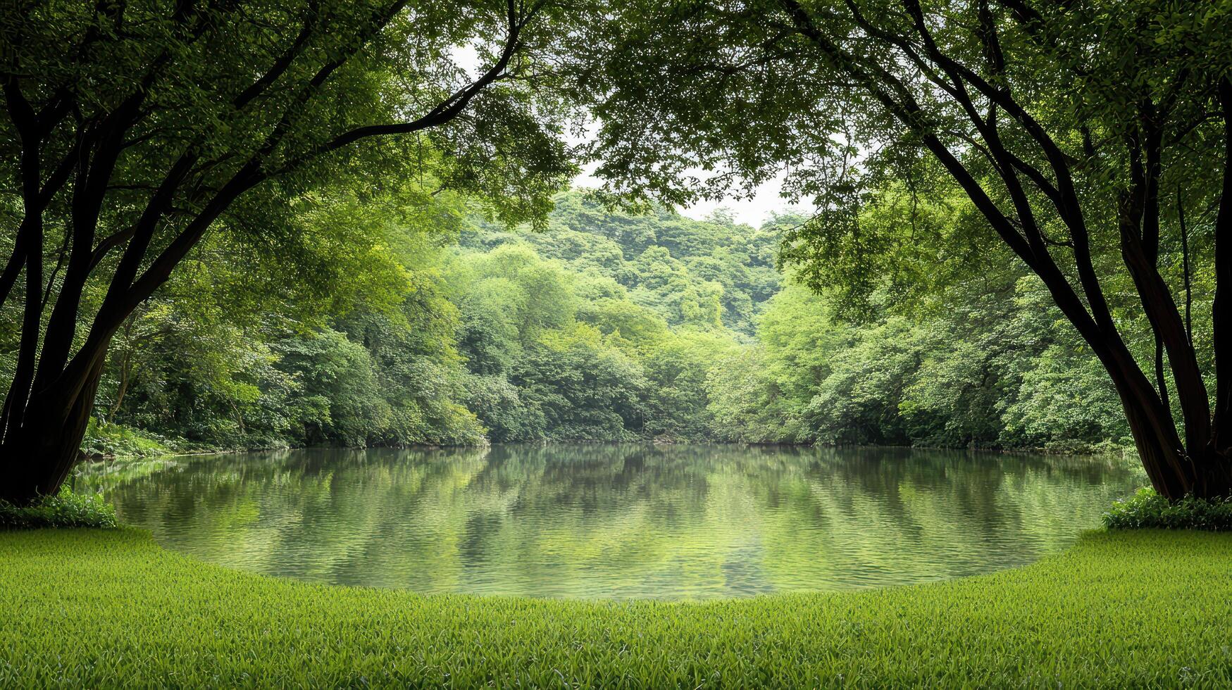 serene lake surrounded by lush greenery and trees, reflecting nature beauty photo