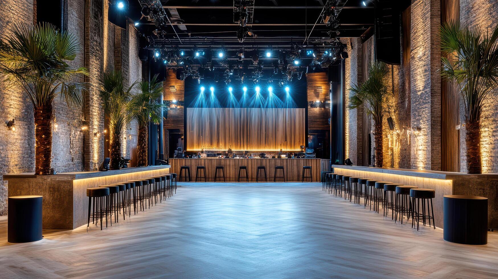 spacious night club with dance floor, bar, and palm trees photo