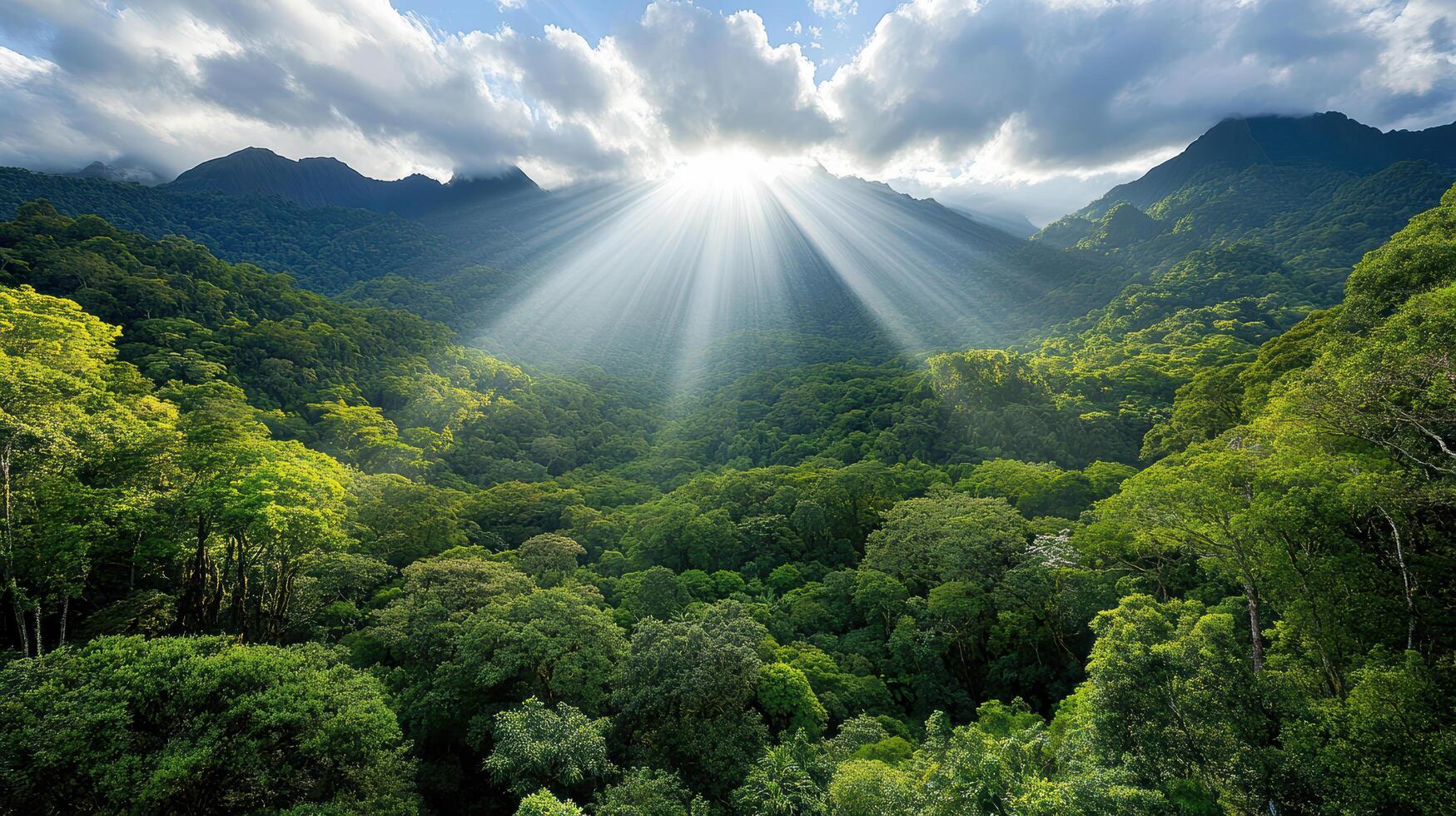 panoramic view of rainforest with sunlight breaking through clouds, creating serene atmosphere photo