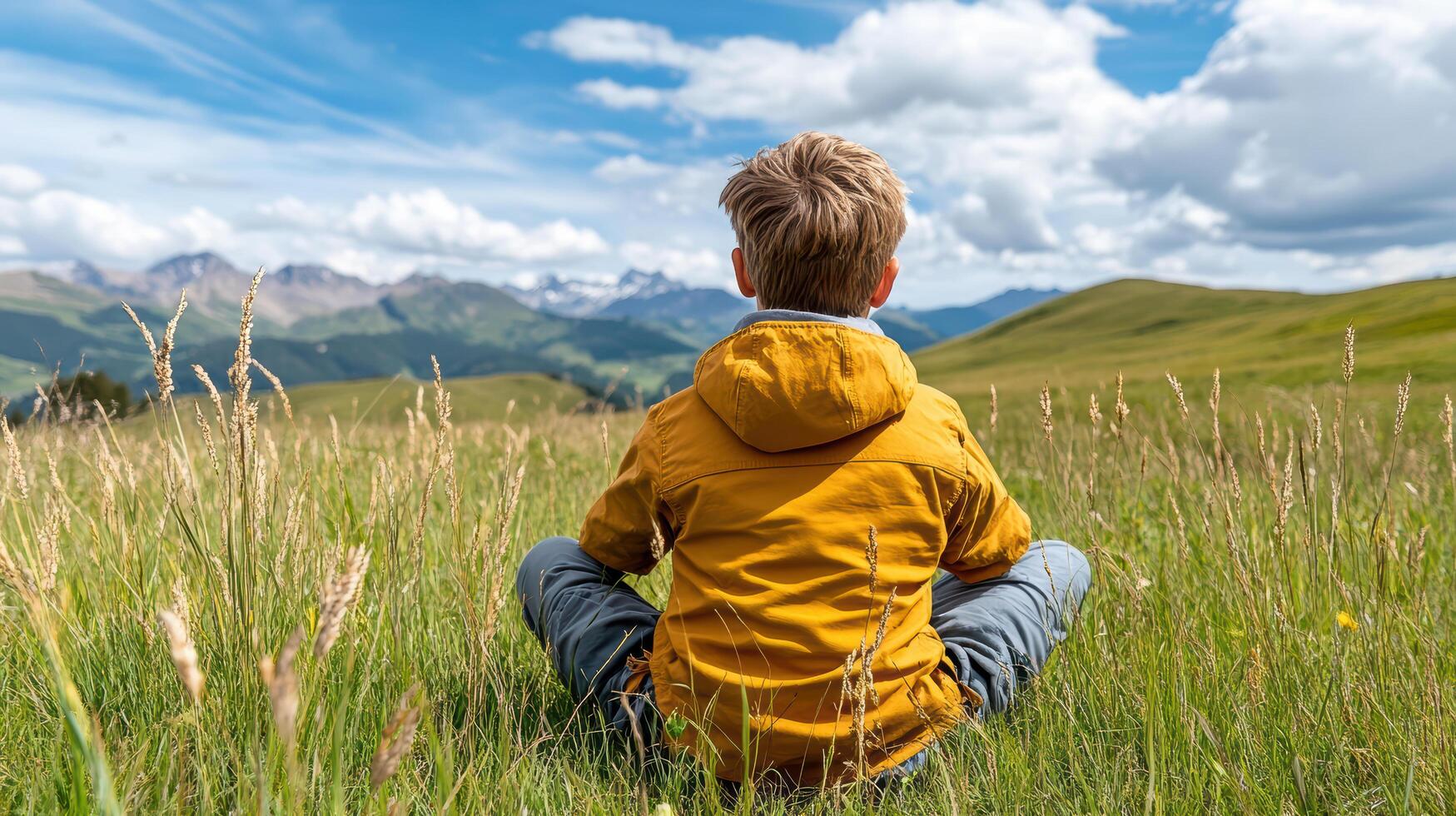 child sitting in grassy field, observing nature and enjoying scenery photo