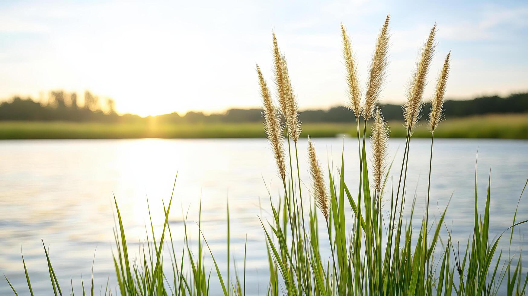 peaceful riverbank at dusk with reeds swaying gently in breeze photo