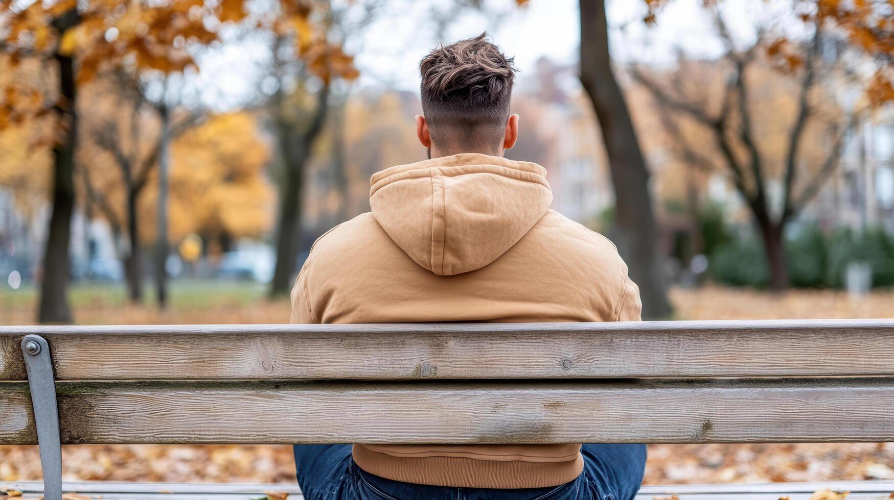 person sitting on bench in park surrounded by autumn leaves, feeling contemplative photo