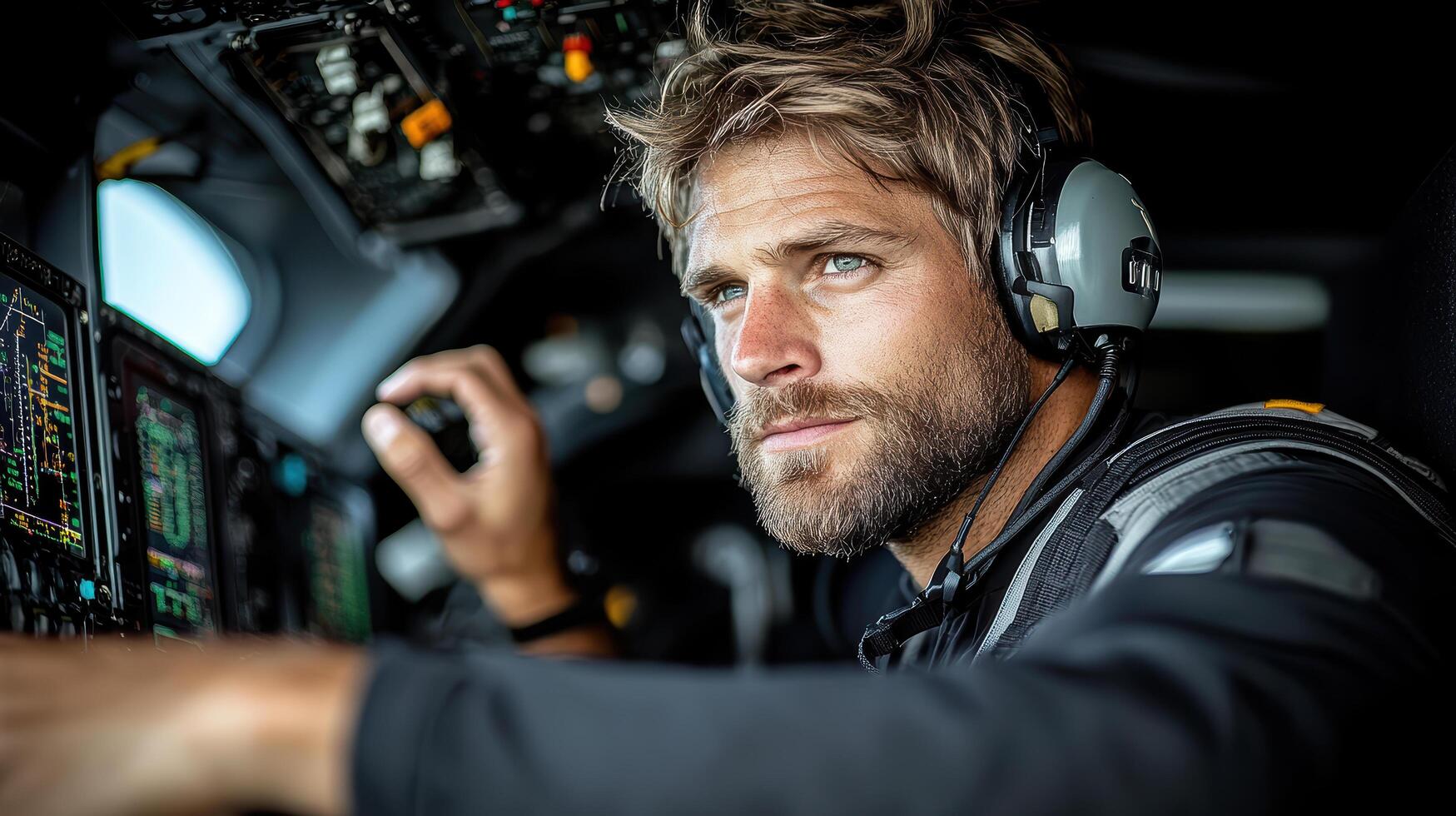 Pilot adjusting flight instruments with deep concentration photo