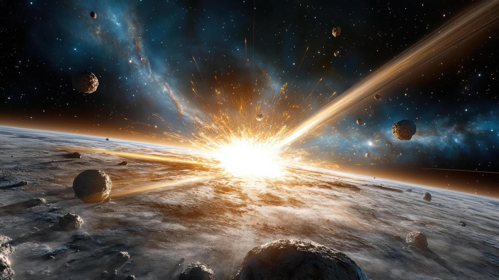 stunning explosion in space, with asteroids and cosmic dust surrounding distant planet photo