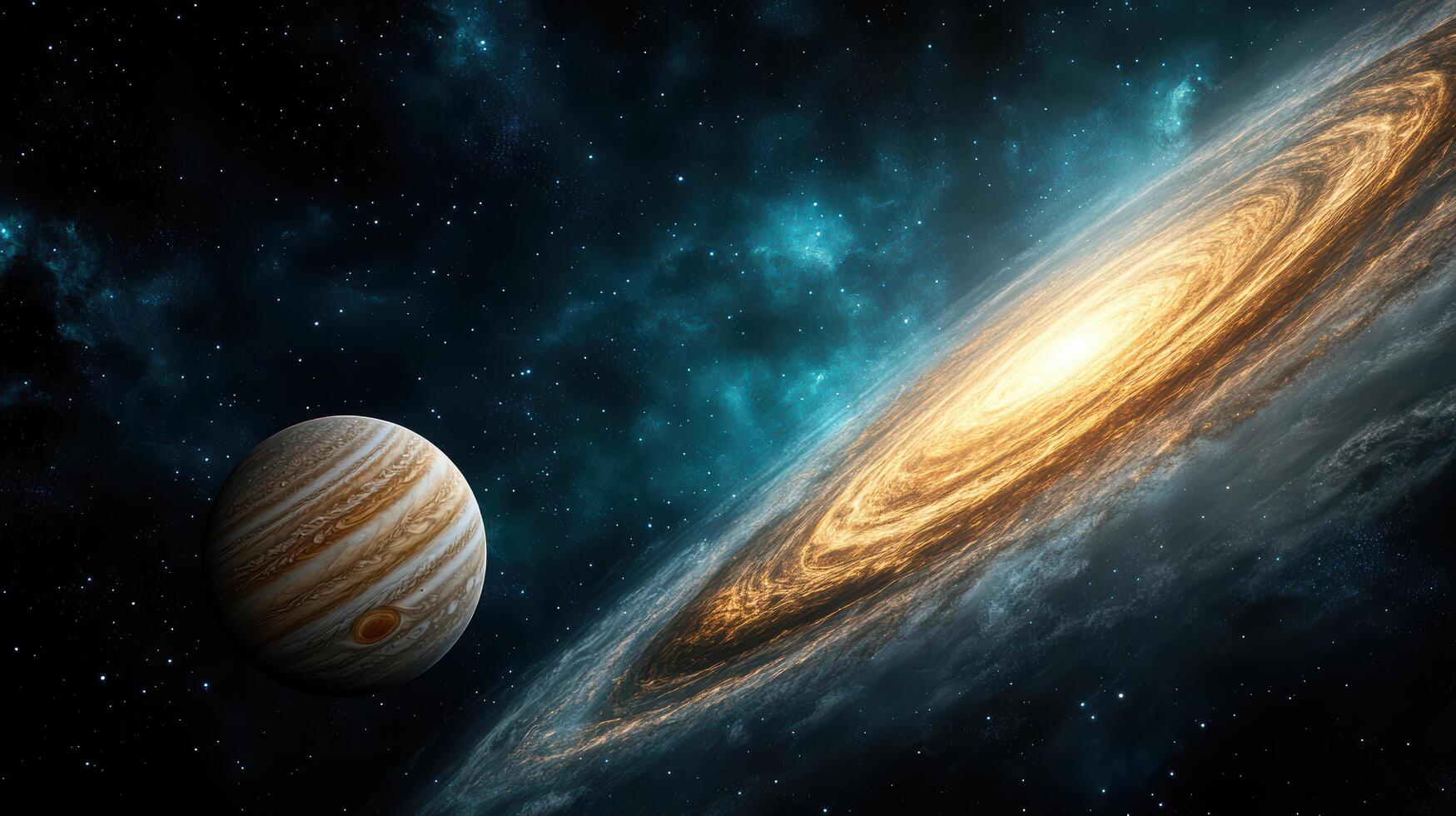 gas giant planet with swirling clouds near glowing galaxy photo
