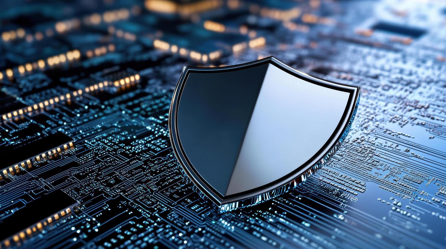 Digital shield icon on circuit board background representing security photo
