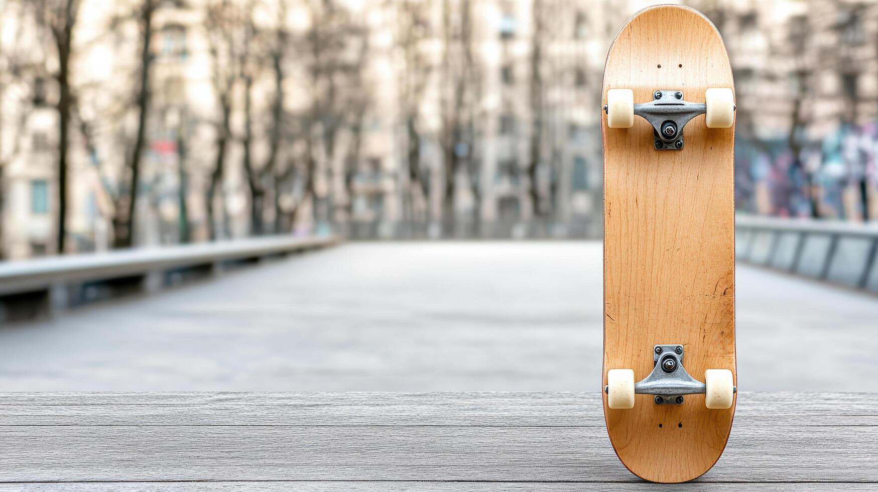 Skateboard resting on wooden surface with blurred urban background photo