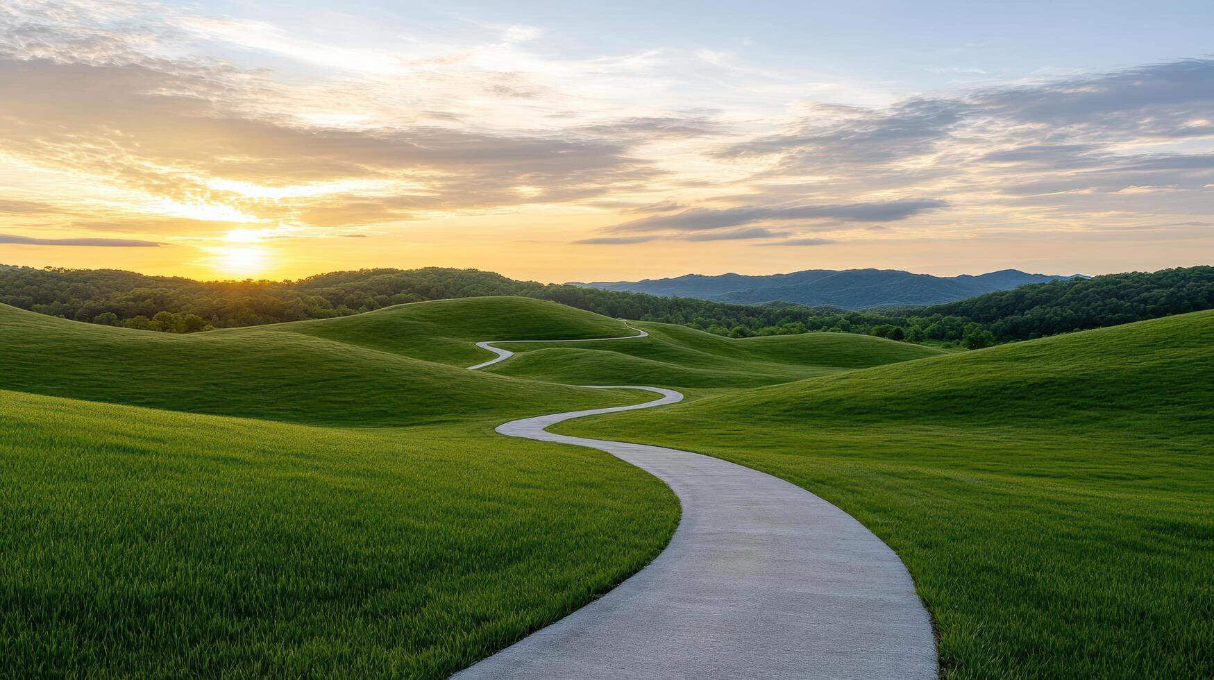 winding path through lush green hills at sunset creates serene landscape photo