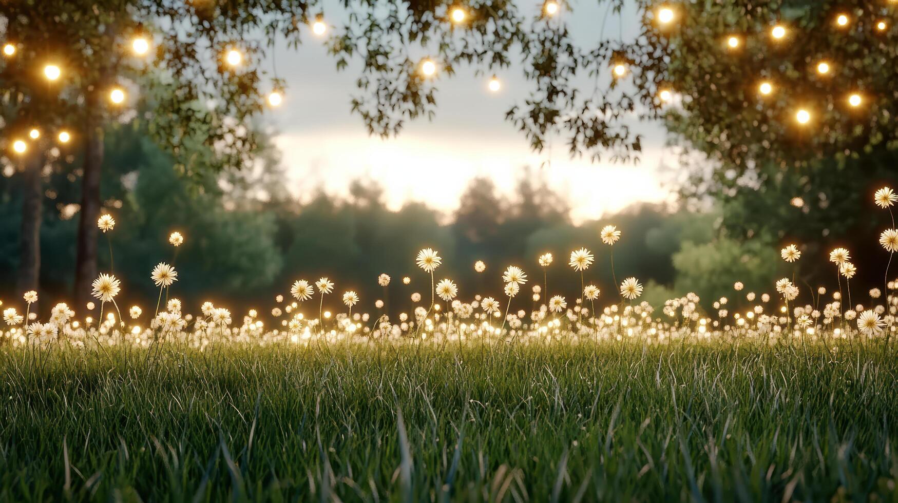 serene field of glowing flowers under twinkling lights at dusk photo