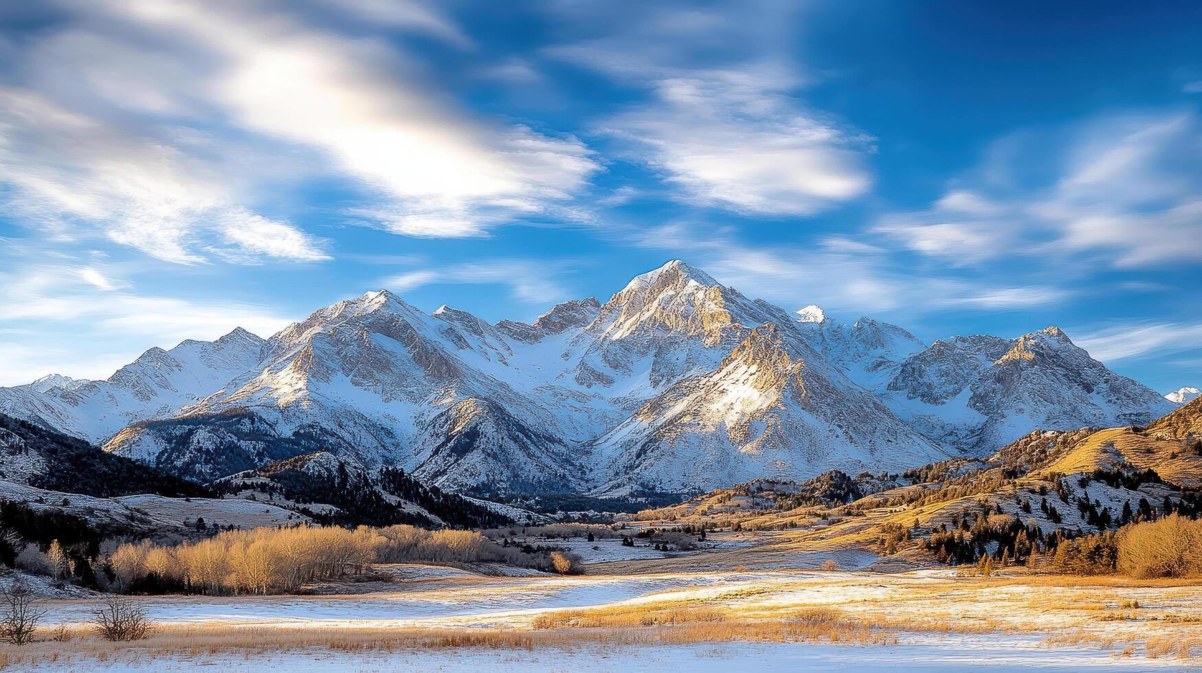 Dusk over mountain range with snow and vibrant clouds creates serene landscape photo