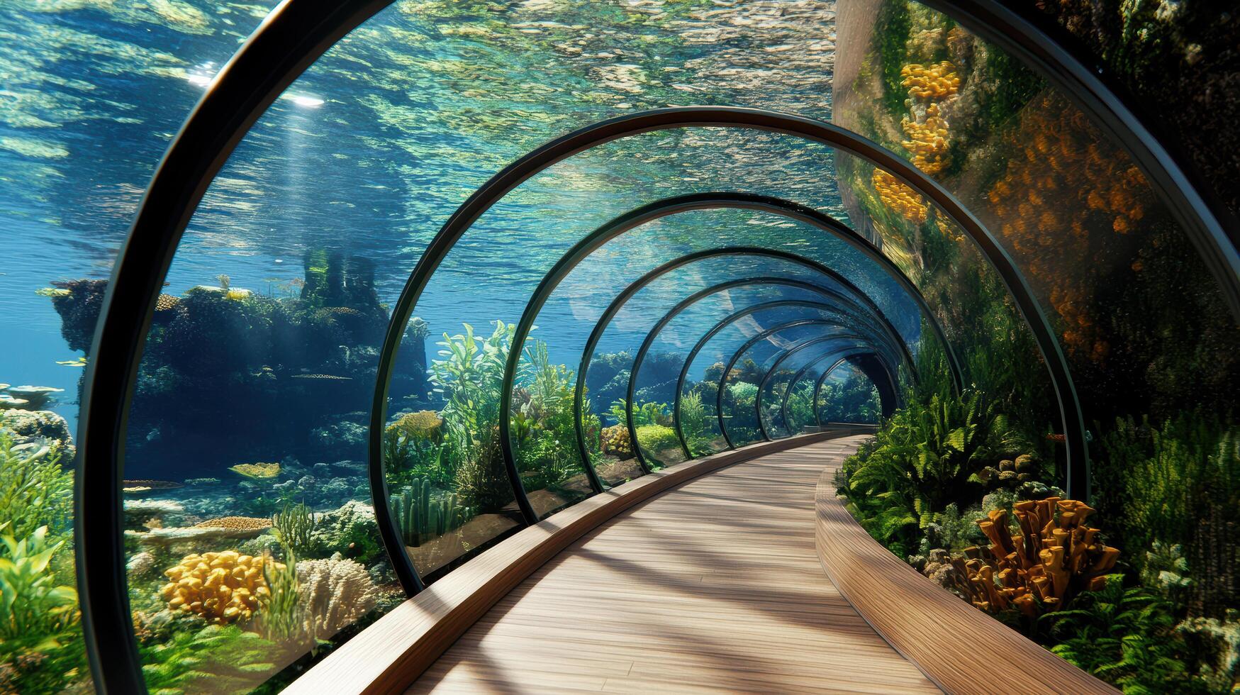Underwater city with marine life, glass structures, and vibrant corals photo