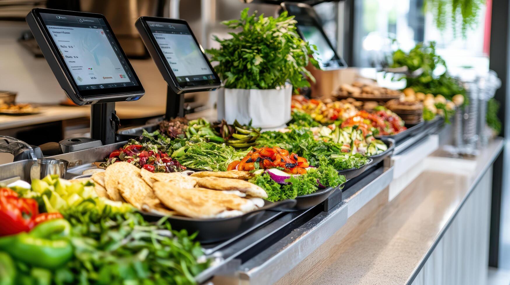 Fresh food display at modern market with digital ordering systems photo