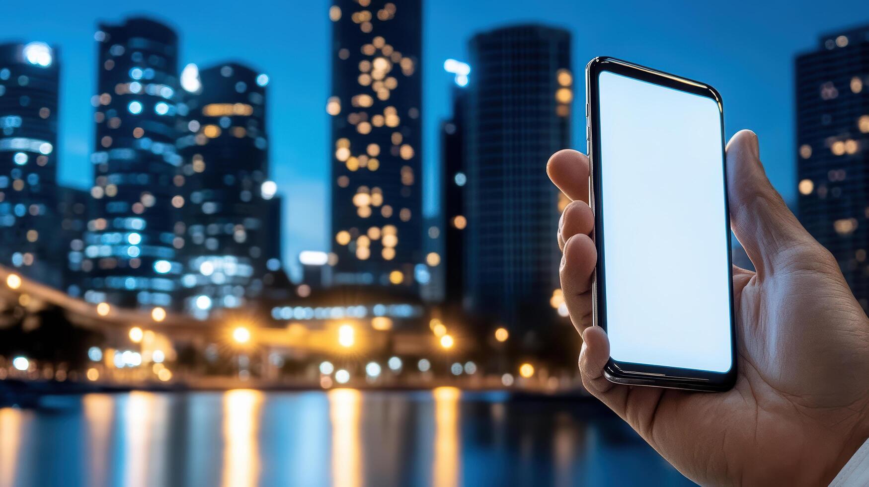 hand holding smartphone against city skyline at night, showcasing urban lights and reflections photo