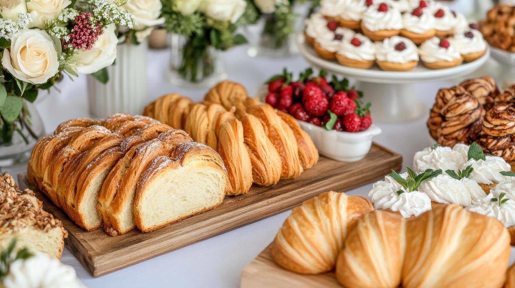 Lavish brunch spread featuring artisanal pastries and fresh fruits photo