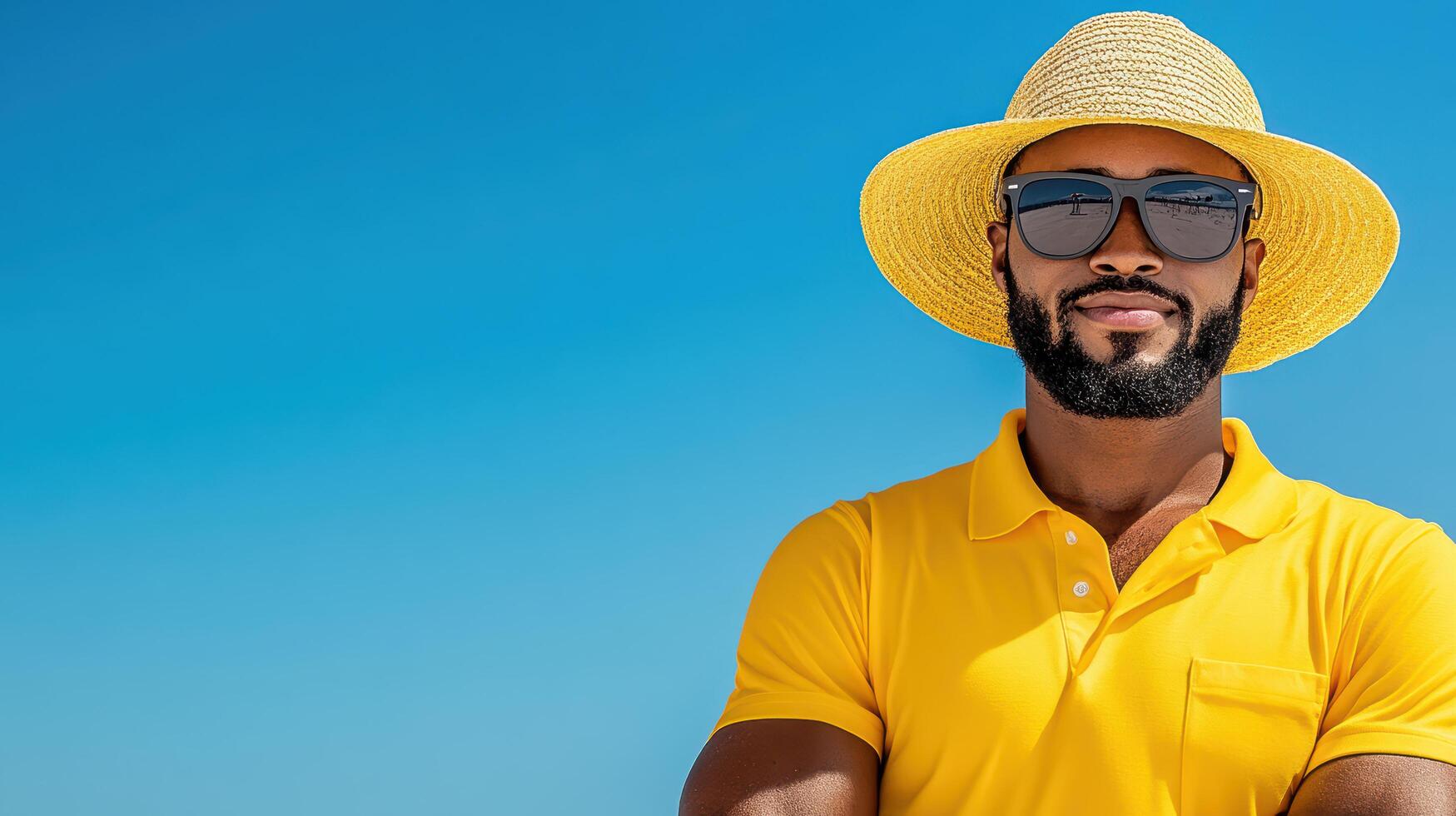 man in yellow shirt and straw hat poses confidently against clear blue sky photo