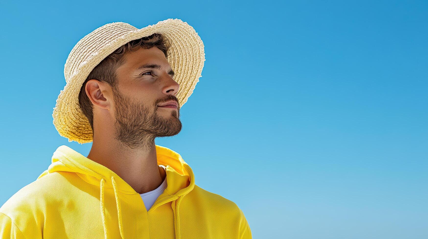 man in yellow hoodie and sun hat enjoys sunny day outdoors photo