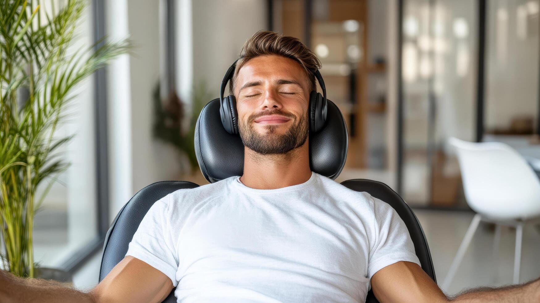 Relaxed man enjoying music in dental chair, creating calm atmosphere photo