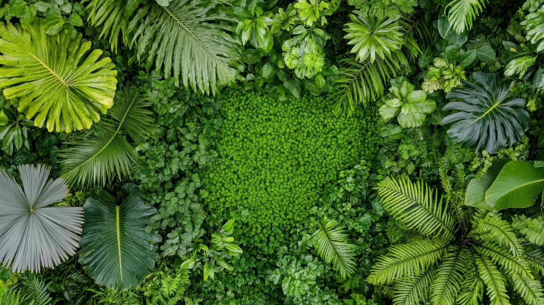 Lush green forest canopy viewed from above, showcasing vibrant foliage and textures photo