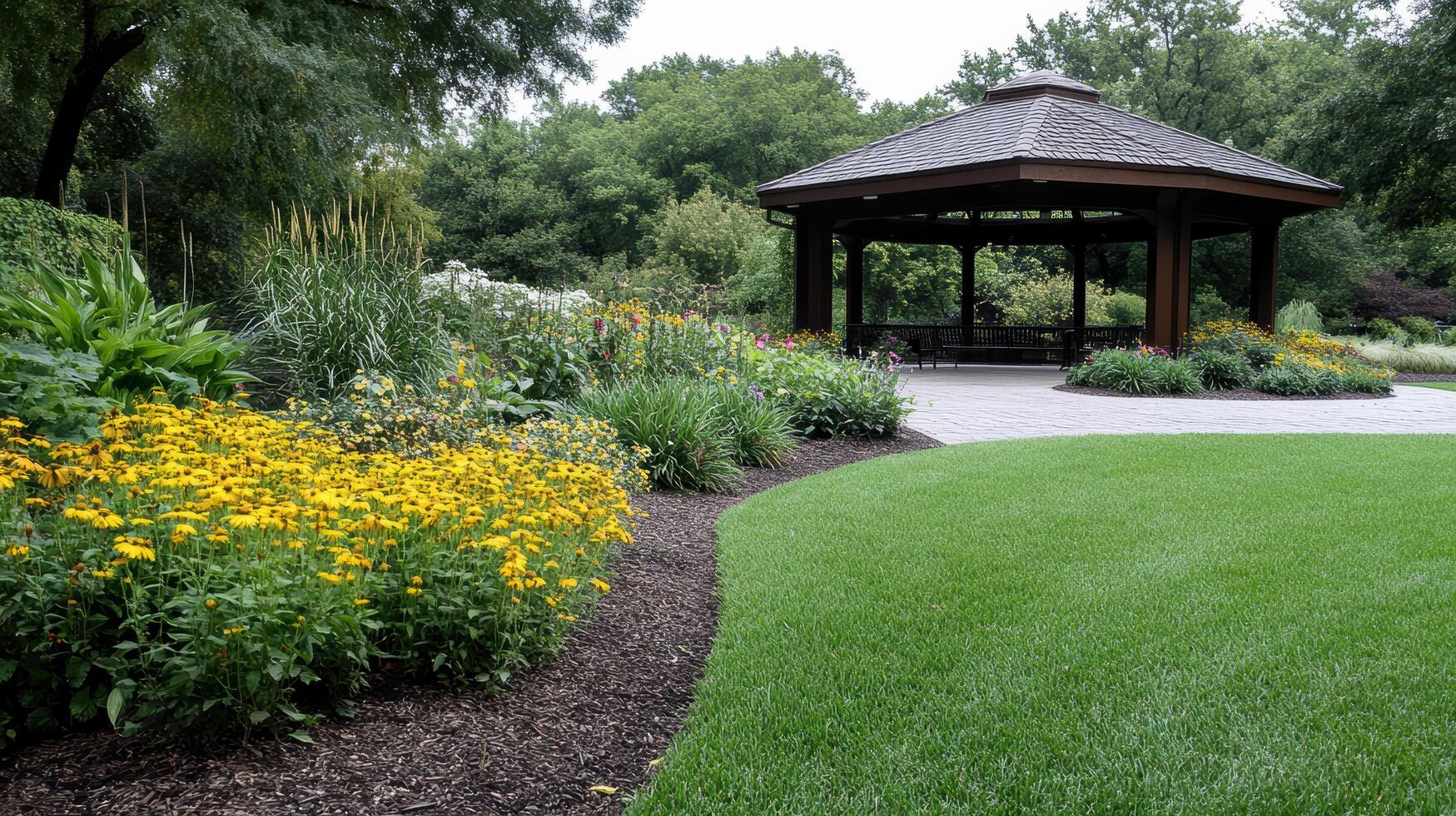 charming garden with colorful flowers and quaint gazebo invites relaxation photo