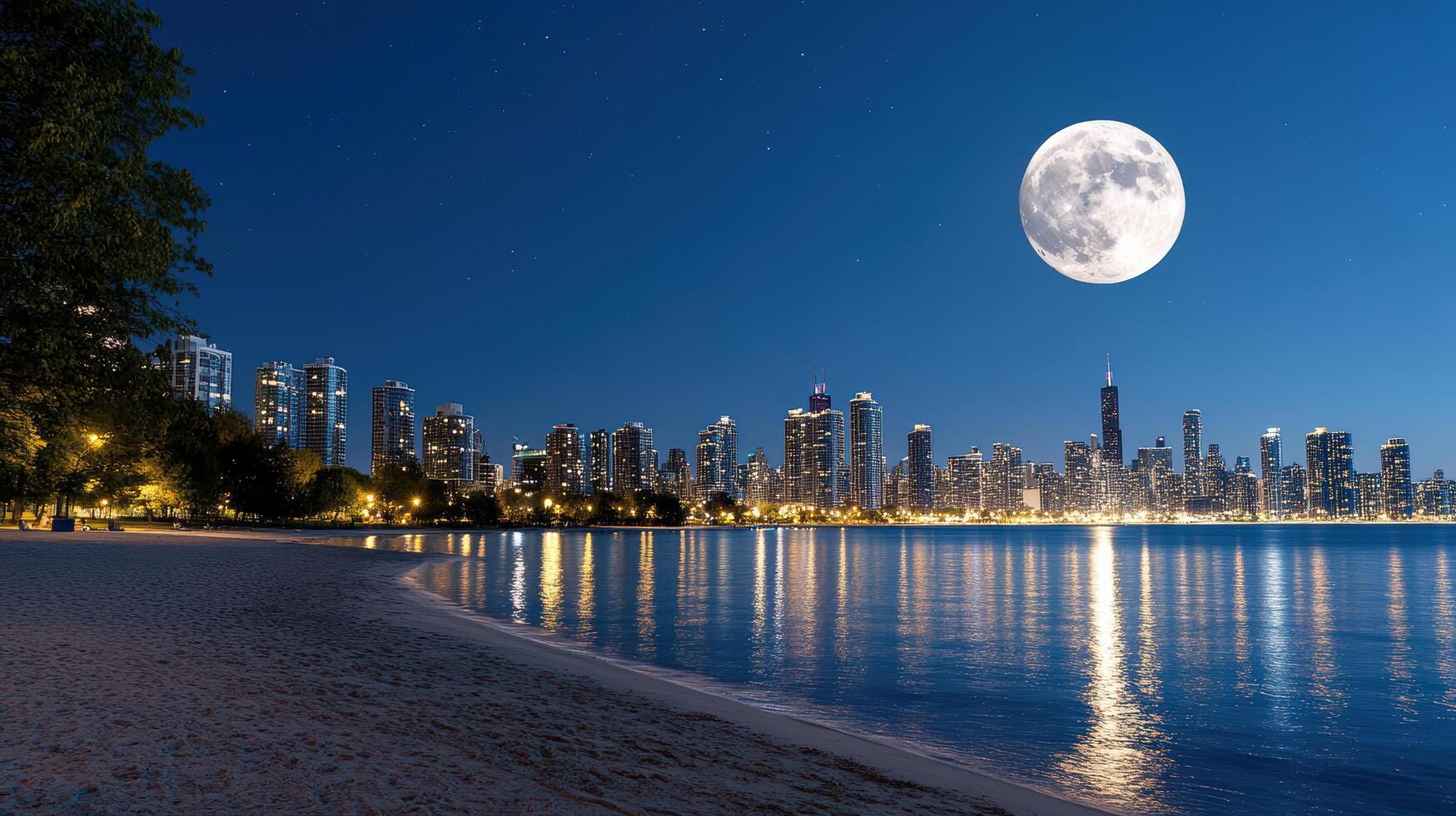 city skyline with clear view of moon over calm lake at night photo