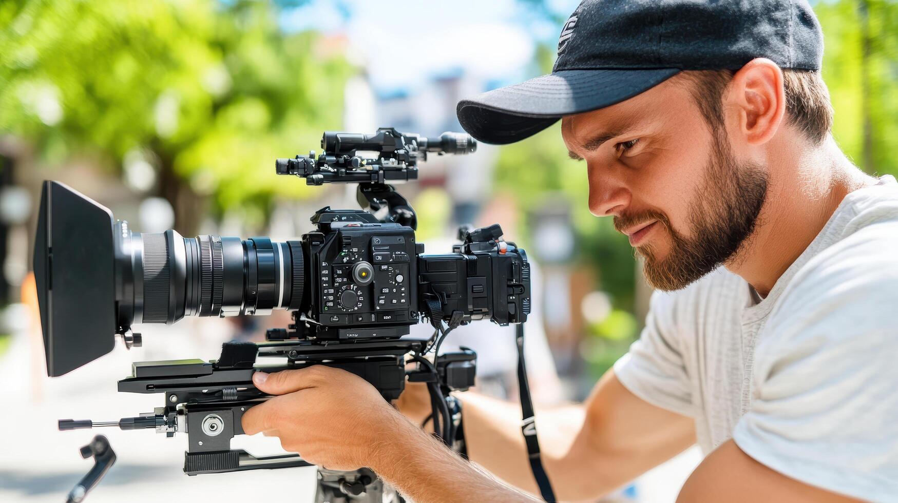 film editor focuses intently on camera setup outdoors, capturing scene photo