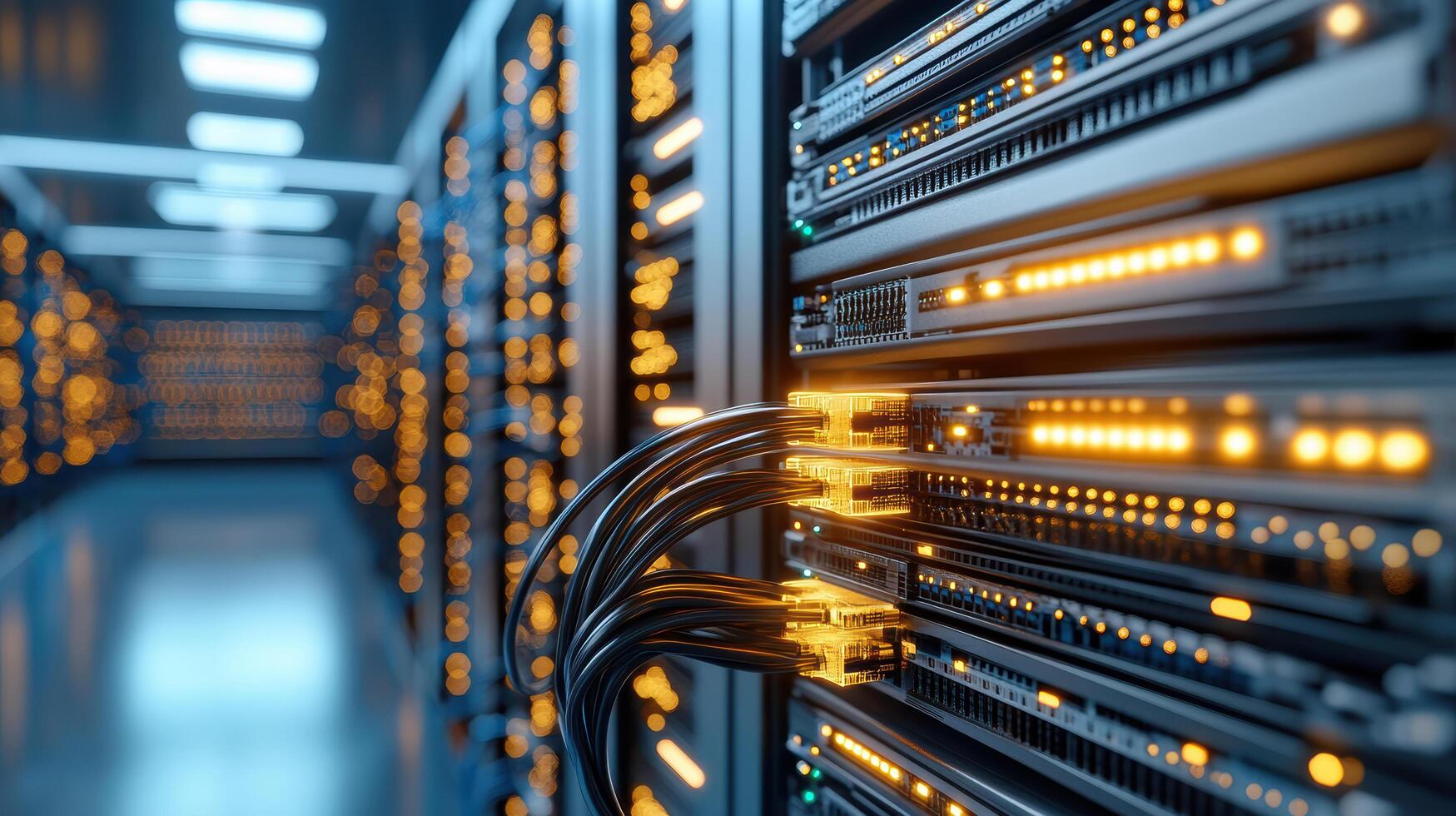 close up of server rack with blinking lights and connected cables photo