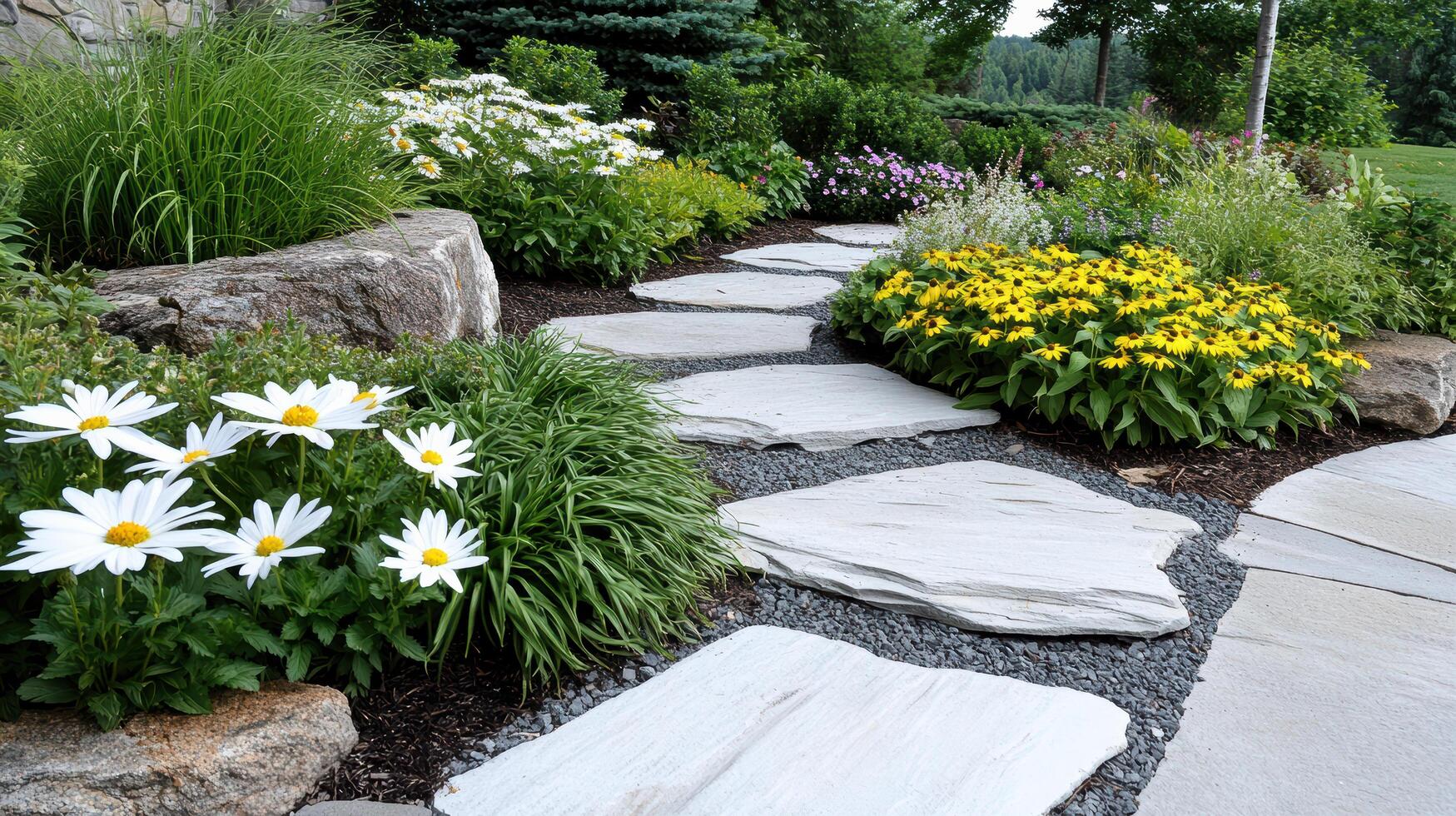 colorful garden with variety of flowering plants and stone pathway photo