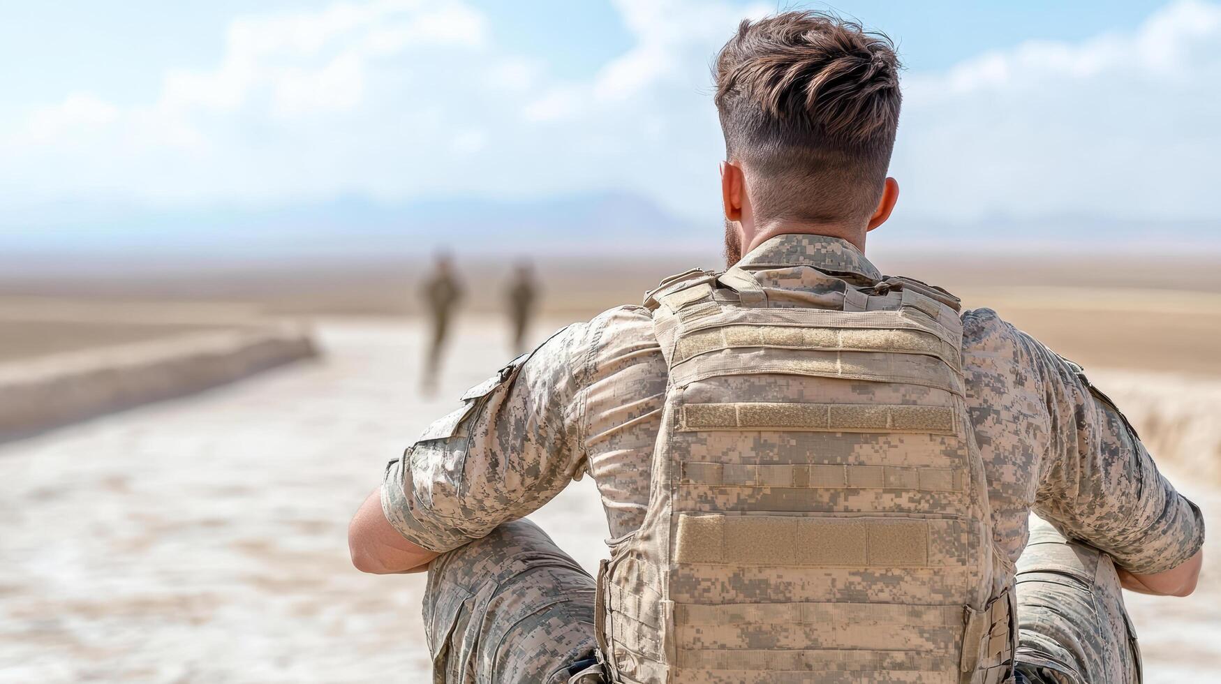 soldier sitting on path, observing fellow soldiers in distance photo