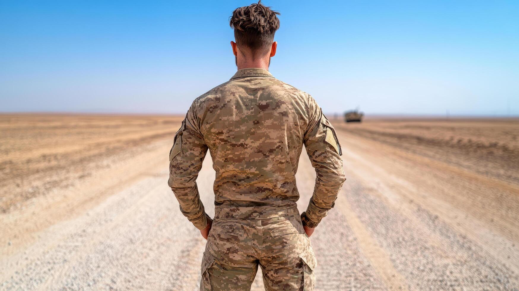 soldier standing guard at checkpoint, vigilant in desert landscape photo