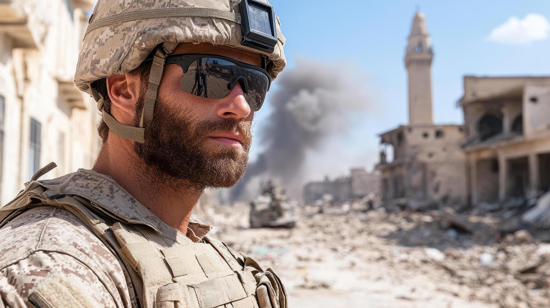 soldier stands in war torn city, smoke rising in background, showcasing resilience photo