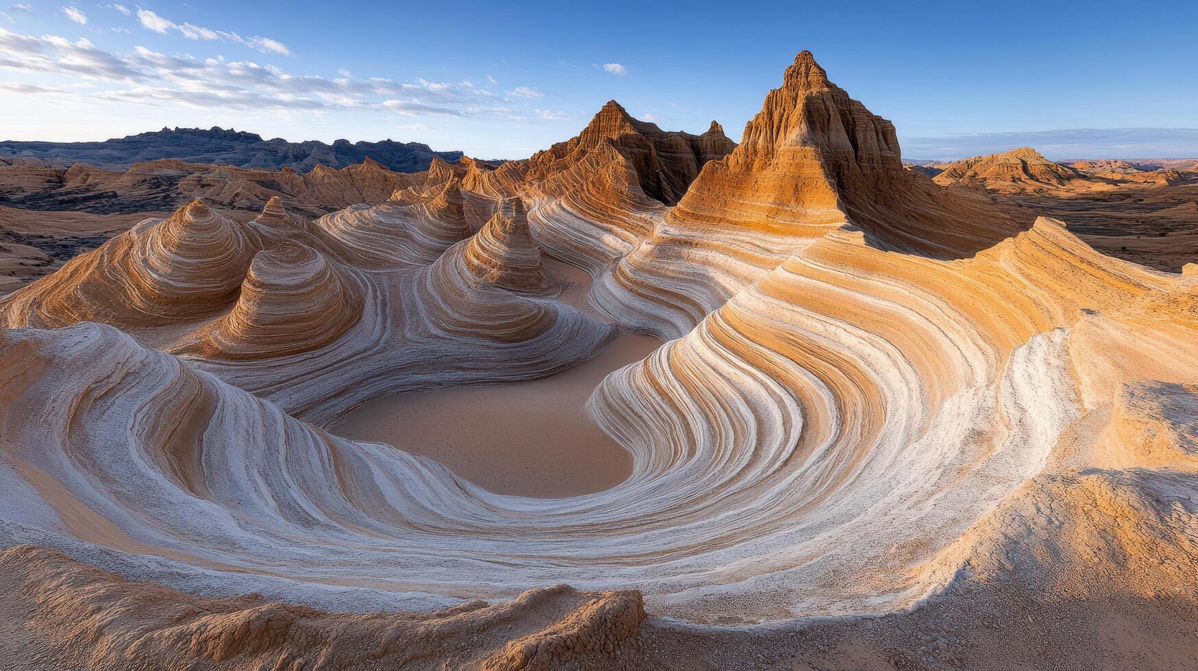 Surreal mountain range with twisting peaks and layered formations photo