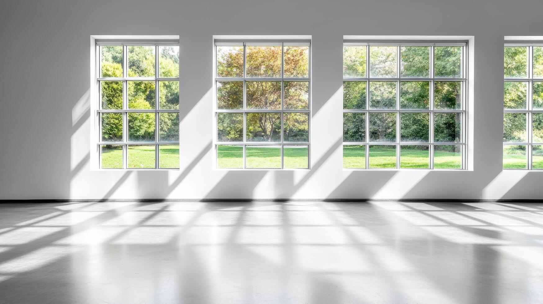 Bright windows casting shadows in spacious, empty room photo