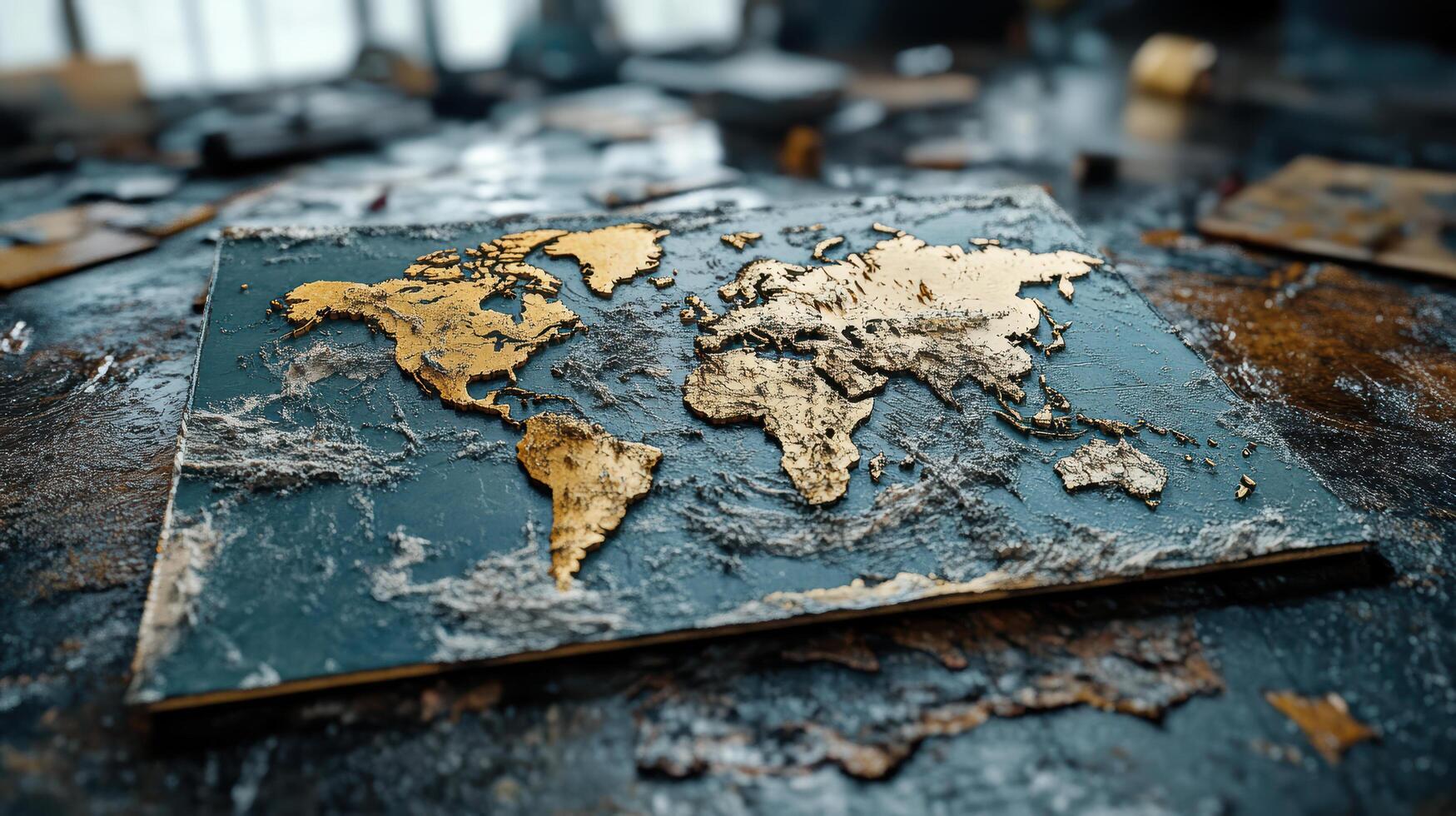 detailed world map with textured gold finish on dark background photo