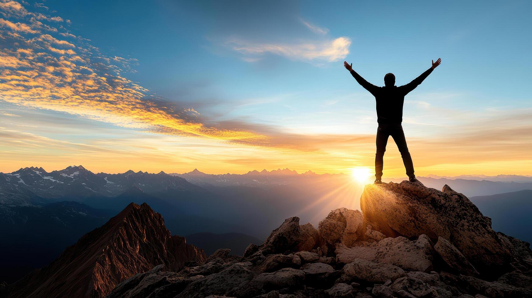 silhouette of person standing on mountain peak, arms raised in triumph, against stunning sunset photo