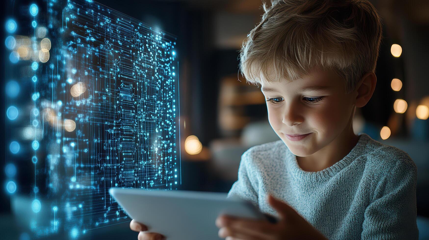 child using tablet with digital interface glowing in background photo