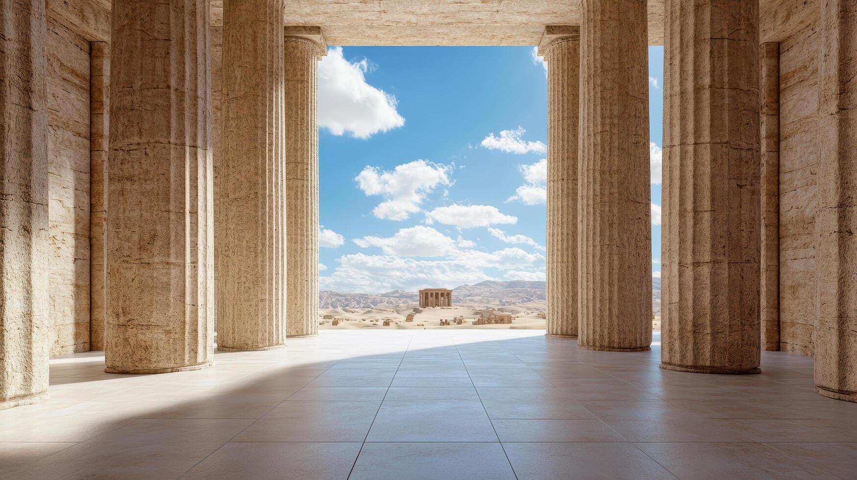 stunning view of ancient columns with distant structure under bright sky photo