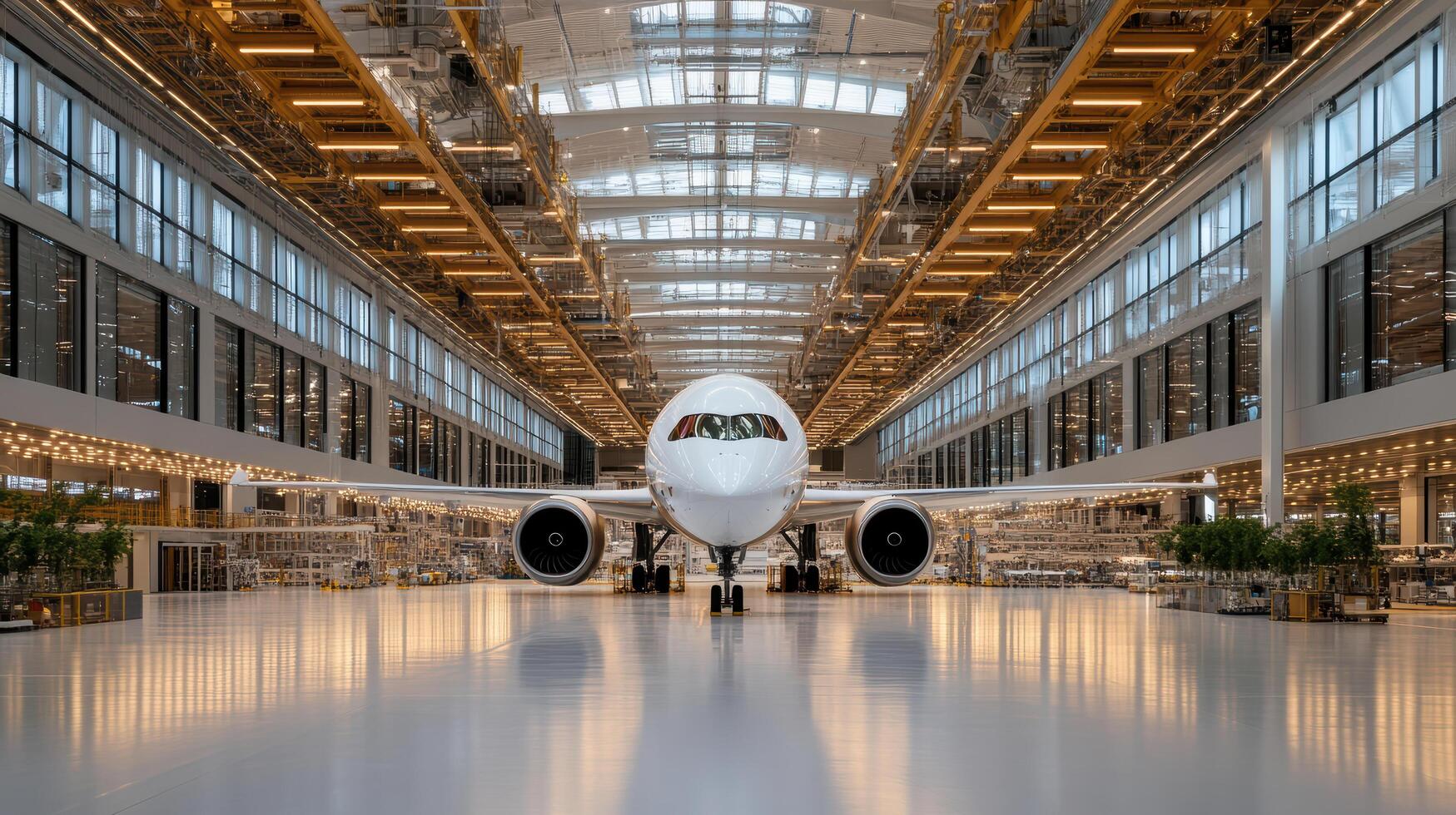 An airplane sitting inside of a large factory photo