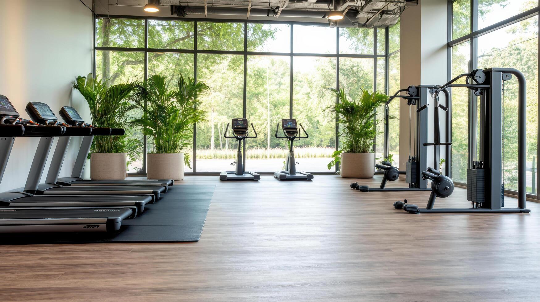 A gym room with tread machines and a large window photo