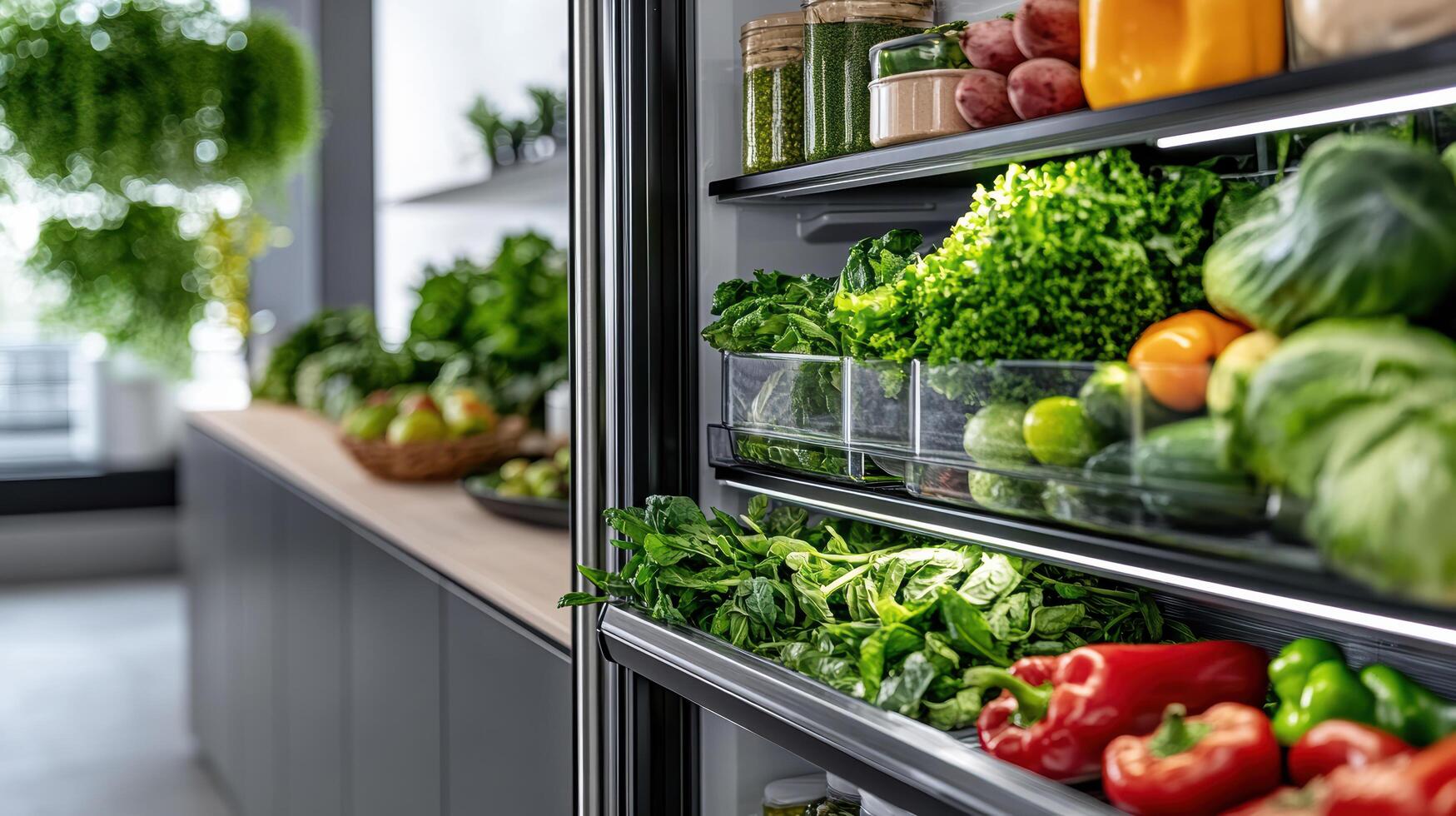A refrigerator with fresh vegetables and fruits inside photo
