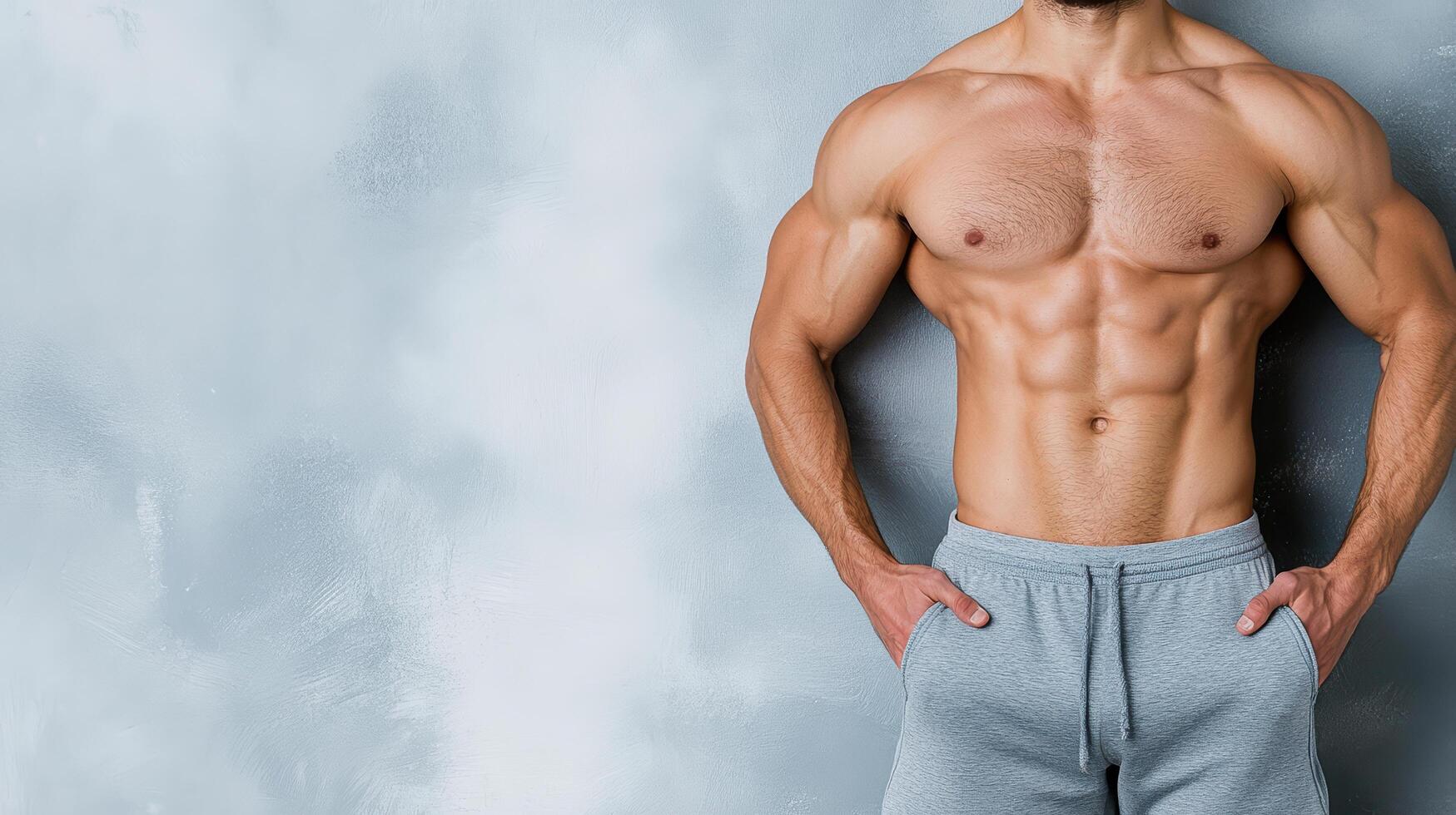 A man with a muscular body standing in front of a gray wall photo