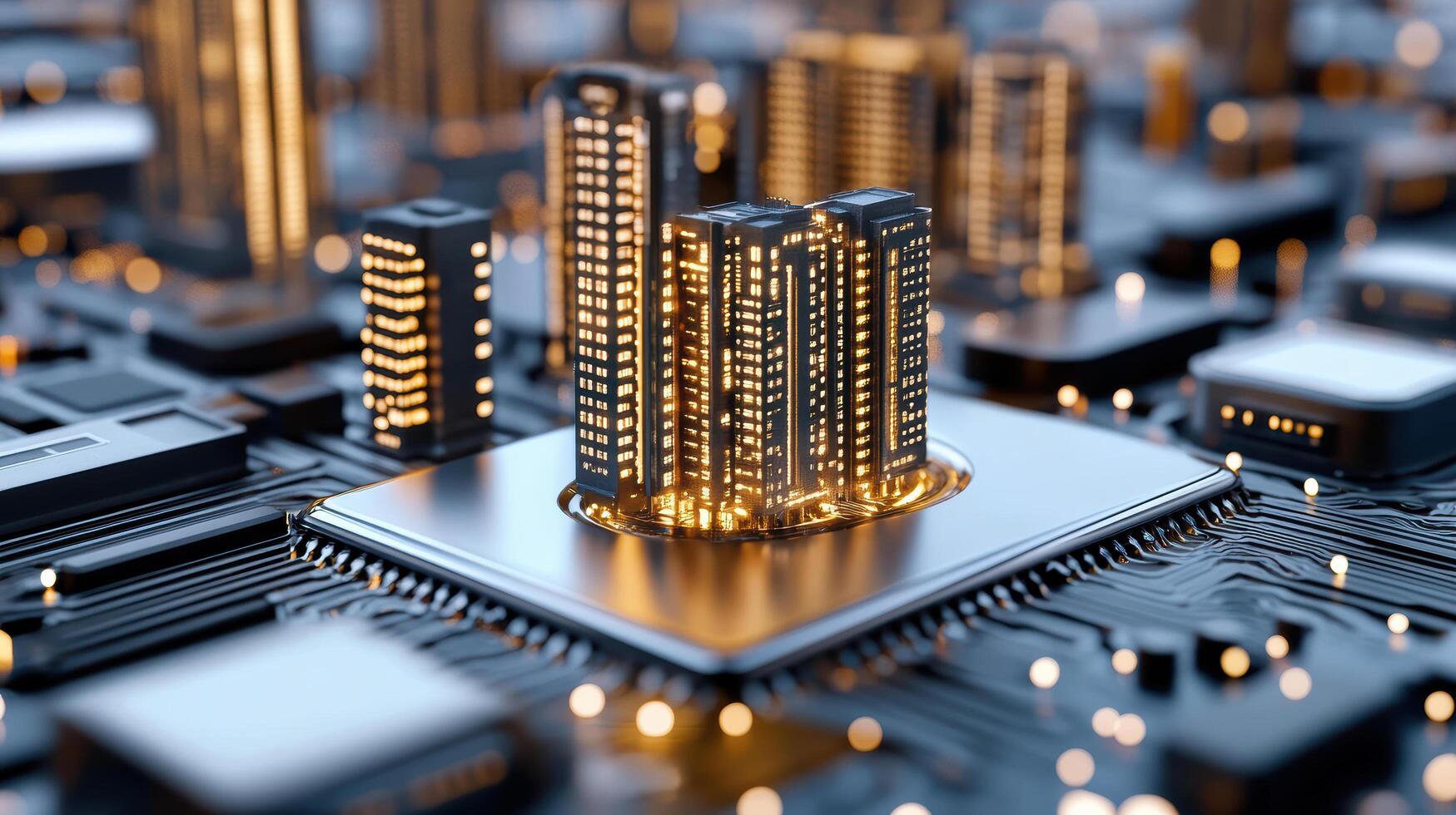 3d rendering of a city on a circuit board photo